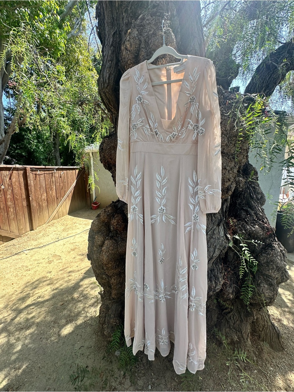 BHLDN Blush Pink Embroidered V-Neck Long Sleeve Maxi Dress